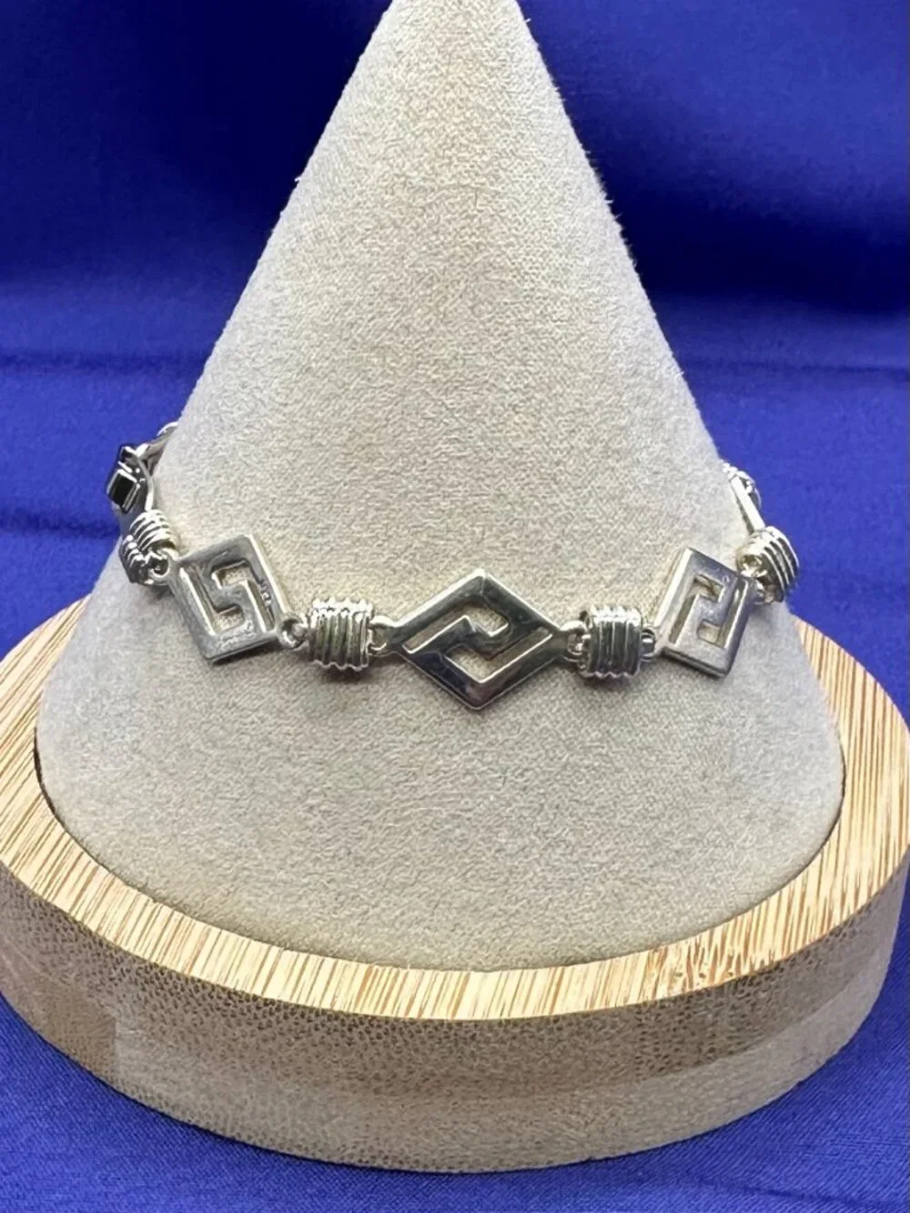 Sterling Silver Rhombus Greek Key Link Bracelet